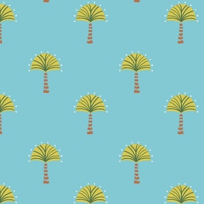 exotic textured fan palm tree and stars - bright cyan aqua blue  and avocado green - LARGE