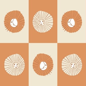 rise and shine sun and moon face checkers - eggshell cream off white and apricot tan orange -medium scale