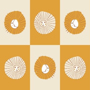 rise and shine sun and moon face checkers - eggshell cream off white and golden banana yellow - medium scale