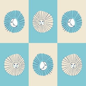 rise and shine sun and moon face checkers - eggshell cream off white  and cyan aqua blue- medium scale