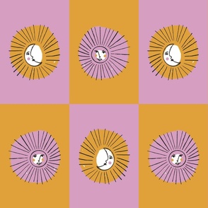 rise and shine sun and moon face checkers - Lilac Pink and golden banana yellow - medium scale