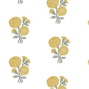 JUMBO marigold fabric - indian block print inspired, block print flower, flower fabric, block print fabric, woodcut - yellow