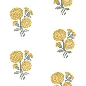 SMALL marigold fabric - indian block print inspired, block print flower, flower fabric, block print fabric, woodcut - yellow 6in
