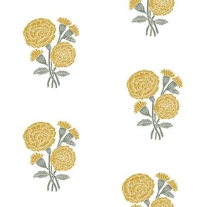 LARGE marigold fabric - indian block print inspired, block print flower, flower fabric, block print fabric, woodcut - yellow 10in