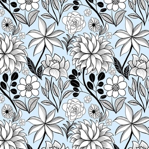 Elegant doodle sketches of flowers on a pastel light blue background