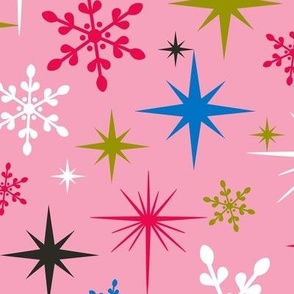 Stardust  - Retro Christmas Snowflakes and Stars - Pink Blue Multi Large