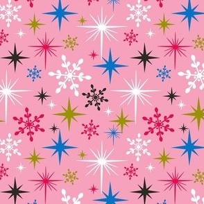 Stardust  - Retro Christmas Snowflakes and Stars - Pink Blue Multi Regular