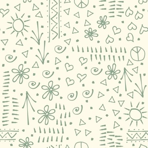 (L) Peace Love Doodles 60s/70s Green on Cream
