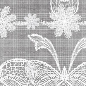 Cabin core Handdrawn vintage white lace over handdrawn plaid 12” repeat grey monochrome 