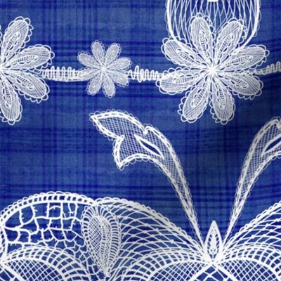 Cabin core Handdrawn vintage white lace over handdrawn plaid 12” repeat ultramarine blue hues