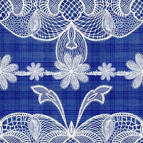 Cabin core Handdrawn vintage white lace over handdrawn plaid 12” repeat ultramarine blue hues