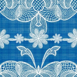 Cabin core Handdrawn vintage white lace over handdrawn plaid 12” repeat French blue hues