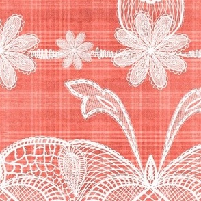Cabin core Handdrawn vintage white lace over handdrawn plaid 12” repeat coral salmon hues
