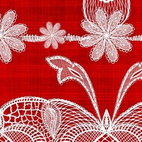 Winter holidays red Cabin core Handdrawn vintage white lace over handdrawn plaid 12” repeat rich red hues