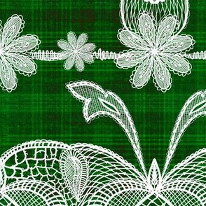 St Patrick’s Day Cabin core Handdrawn vintage white lace over handdrawn plaid 12” repeat emerald green hues