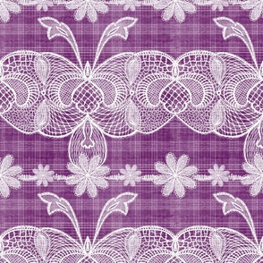 Cabin Core Handdrawn vintage white lace over handdrawn plaid 12” repeat purple