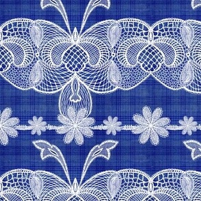 Cabin core Handdrawn vintage white lace over handdrawn plaid 6” repeat ultramarine blue hues
