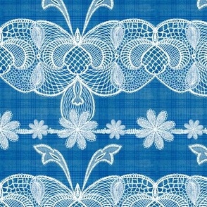 Cabin core Handdrawn vintage white lace over handdrawn plaid 6” repeat French blue hues