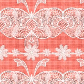 Cabin core Handdrawn vintage white lace over handdrawn plaid 6” repeat coral salmon hues