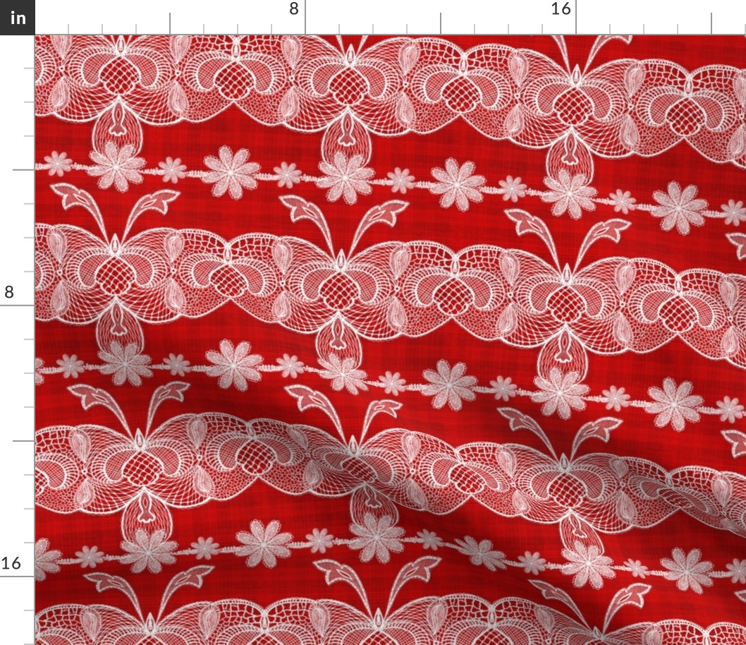 Winter holidays red Cabin core Handdrawn vintage white lace over handdrawn plaid 6” repeat rich red hues