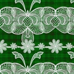 St Patrick’s Day Cabin core Handdrawn vintage white lace over handdrawn plaid 6” repeat emerald green hues