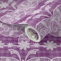 Cabin core Handdrawn vintage white lace over handdrawn plaid 6” repeat purple