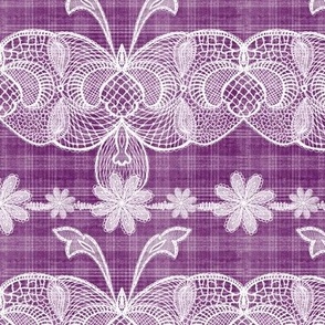 Cabin core Handdrawn vintage white lace over handdrawn plaid 6” repeat purple