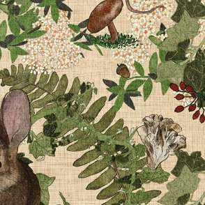 Extra large scale whimsical hidden woodland animals with mushrooms, nuts and berries on a cream background 