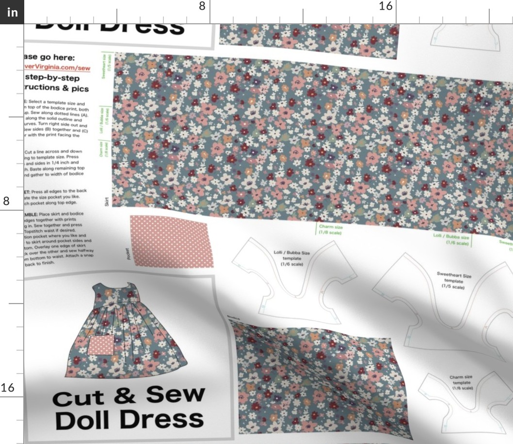 Cut & Sew Dress (Tiny Flowers in Gray Pink Cream) on FAT QUARTER for Forever Virginia Dolls and other 1/8, 1/6 and 1/5 scale child dolls // little small scale tiny mini micro doll