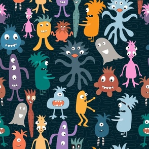 cute colorful monsters dark swirly background