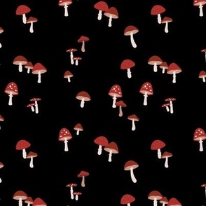 Scandinavian forest boho autumn garden - Minimalist toadstools and mushrooms delicate nature fall design seventies palette red burgundy blush on black
