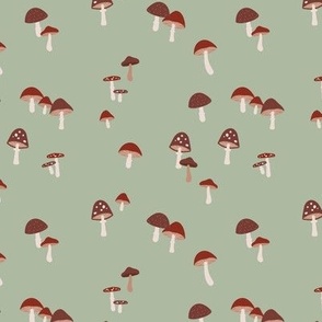 Scandinavian forest boho autumn garden - Minimalist toadstools and mushrooms delicate nature fall design seventies palette burgundy red sand on sage green 