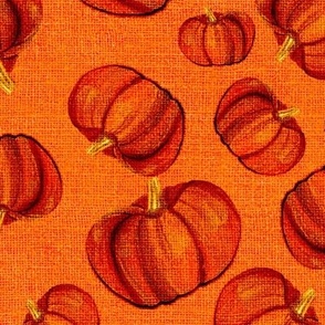 Cabin core rustic Hand painted with oils tossed pumpkins in deep orange  with burlap hessian texture overlaid fall autumn Halloween on deep orange 12” repeat