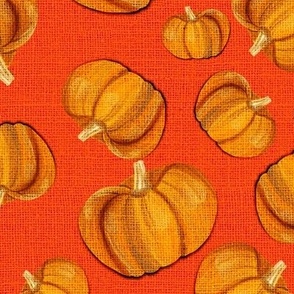 Hand painted with oils tossed pumpkins with burlap hessian texture overlaid fall autumn Halloween on deep orange 12” repeat