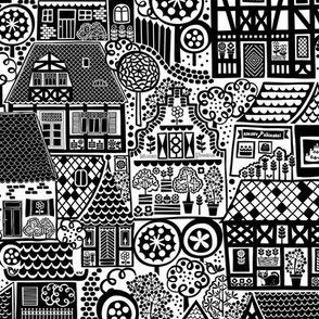 Old Town Nostalgia - M - Houses Town Village Tudor Roofs Medieval Architecture Trees Black White Landscape Retro Vintage Scandianvian Folk Children Kids Baby Nursery