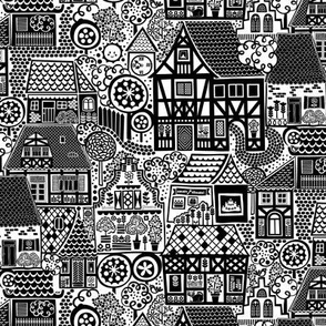 Old Town Nostalgia - S - Houses Town Village Tudor Roofs Medieval Architecture Trees Black White Landscape Retro Vintage Scandianvian Folk Children Kids Baby Nursery