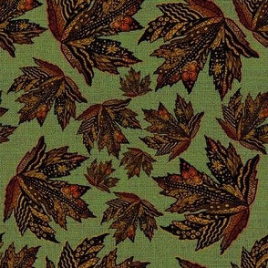 Scattered tossed autumn fall doodled patterned leaves with a woven burlap hessian texture overlay 8” repeat Camouflage green