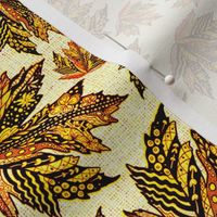 Scattered tossed autumn fall doodled patterned leaves with a woven burlap hessian texture overlay 8” repeat On cornsilk cream textured woven burlap effect