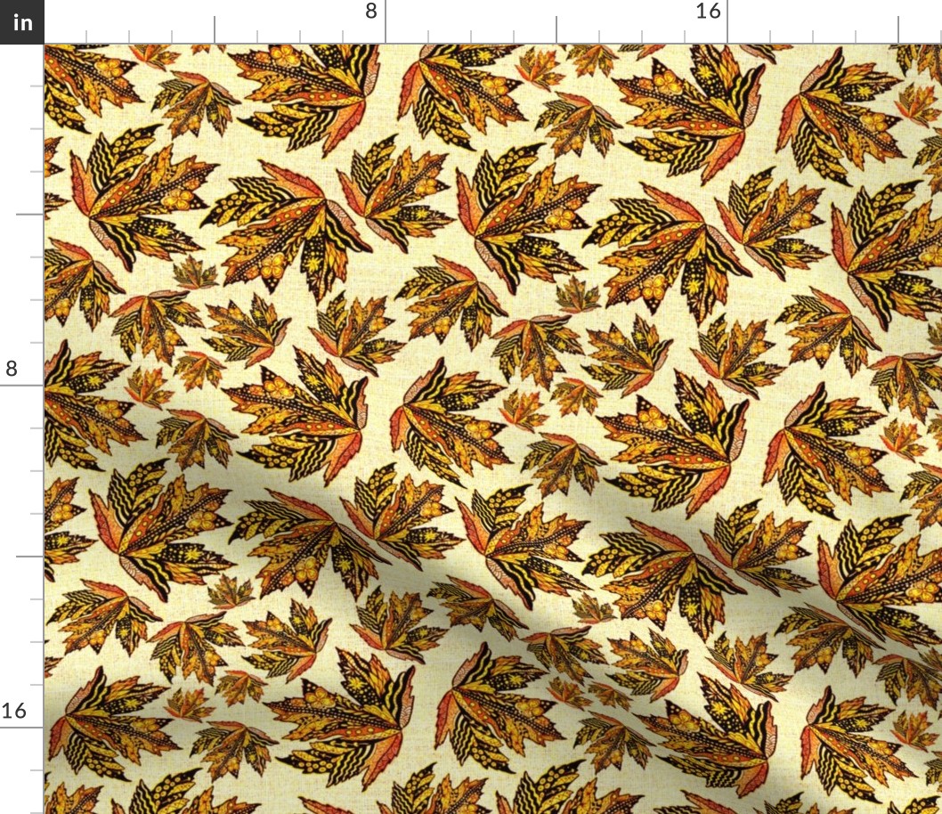 Scattered tossed autumn fall doodled patterned leaves with a woven burlap hessian texture overlay 8” repeat On cornsilk cream textured woven burlap effect