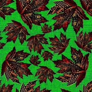 Scattered tossed autumn fall doodled patterned leaves with a woven burlap hessian texture overlay 8” repeat on bright green background