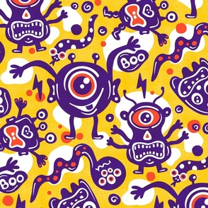 Funny Monsters, Cute Halloween Design / Yellow and Purple Version / Large Scale or Wallpaper