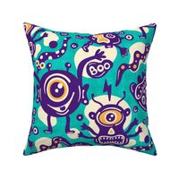 Funny Monsters, Cute Halloween Design / Green and Purple Version / Large Scale or Wallpaper
