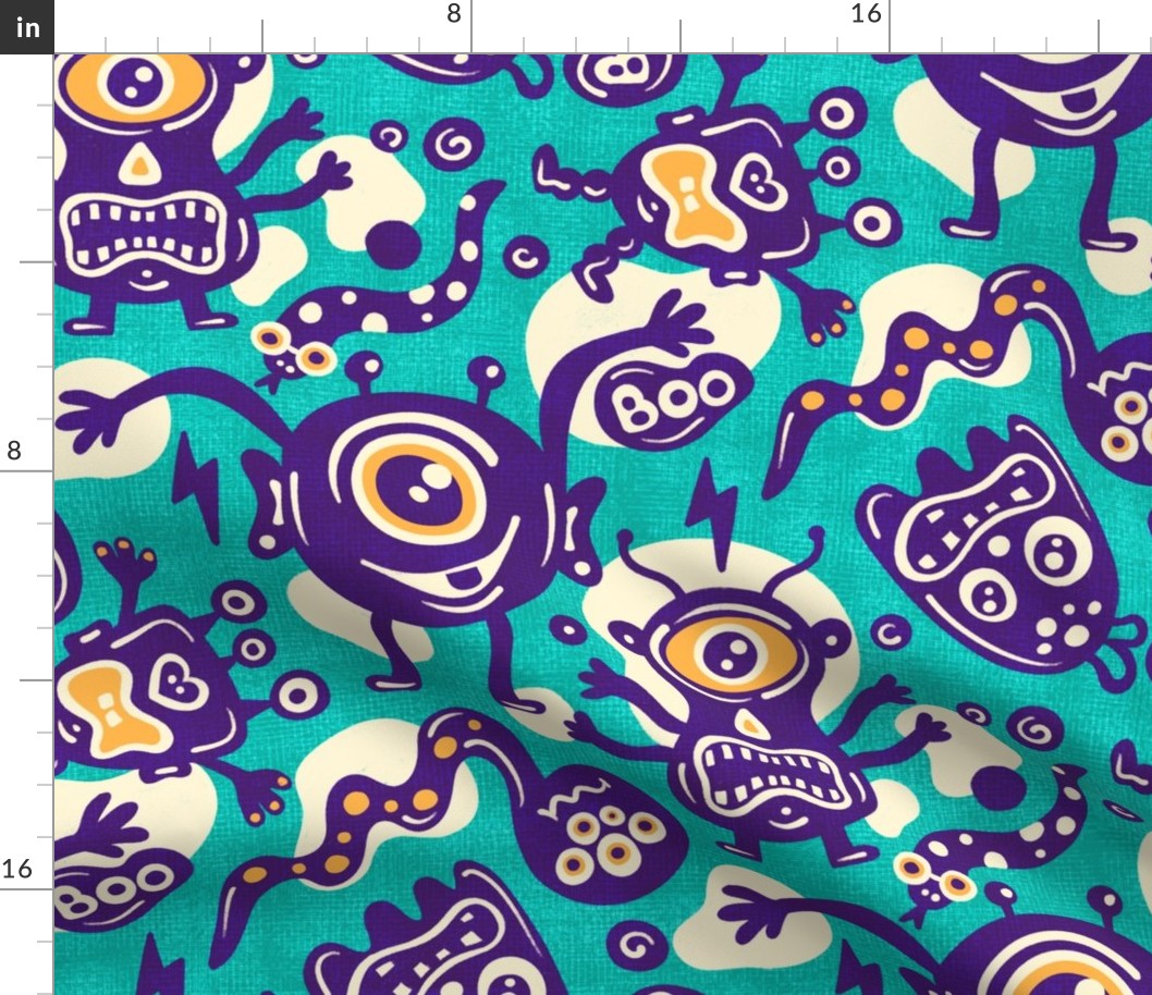 Funny Monsters, Cute Halloween Design / Green and Purple Version / Large Scale or Wallpaper