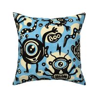 Funny Monsters, Cute Halloween Design / Blue and Black Version / Large Scale or Wallpaper