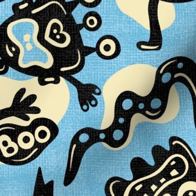 Funny Monsters, Cute Halloween Design / Blue and Black Version / Large Scale or Wallpaper