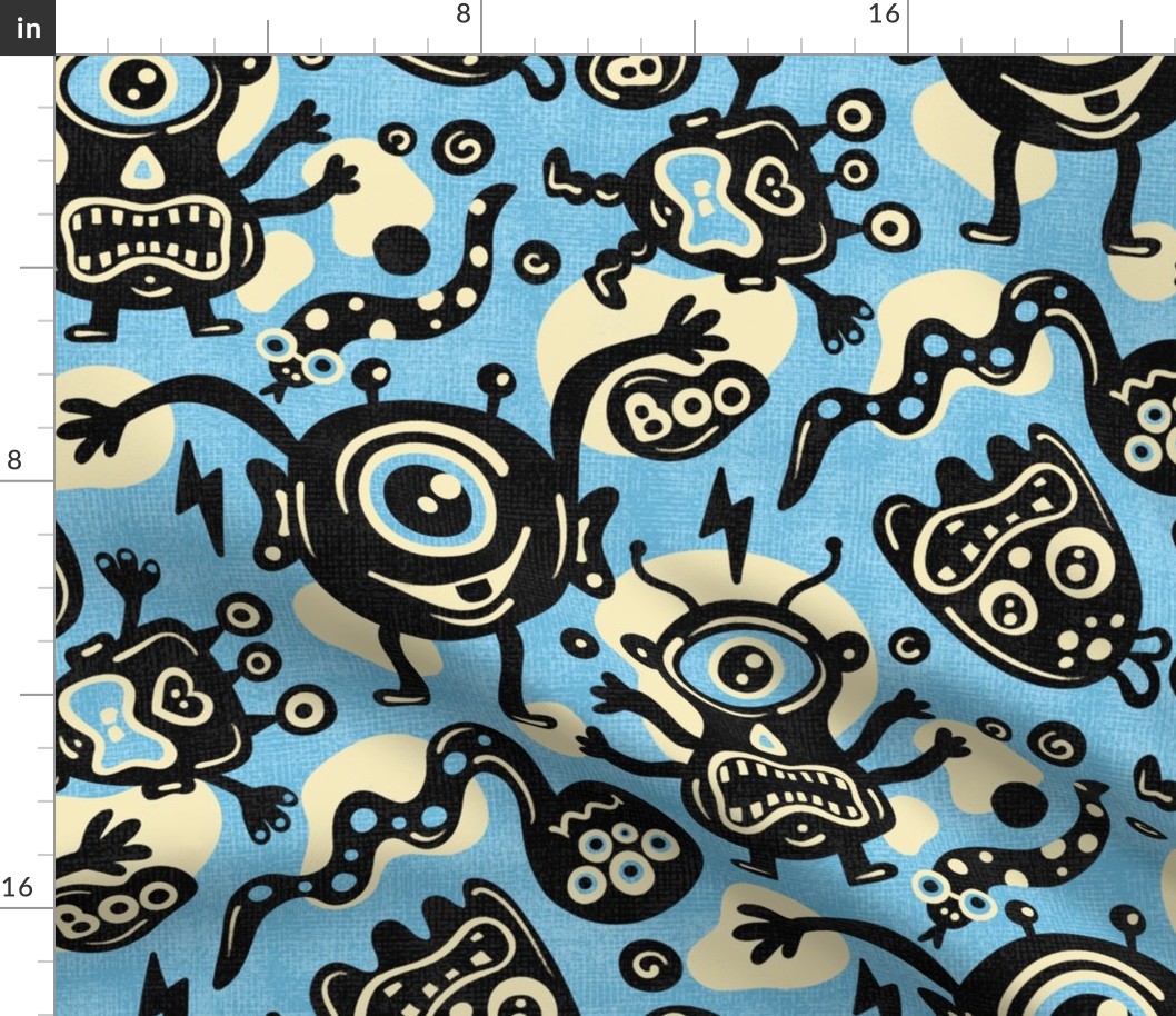 Funny Monsters, Cute Halloween Design / Blue and Black Version / Large Scale or Wallpaper