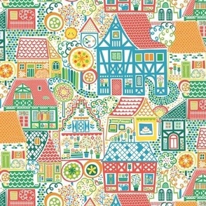 Old Town in Summer - S - Houses Town Village Tudor Roofs Medieval Architecture Trees Summer Landscape Retro Vintage Scandianvian Folk Children Kids Baby Nursery