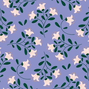 Delicate Pink Bellflowers on Lilac Background - Rustic Cottage Floral Pattern