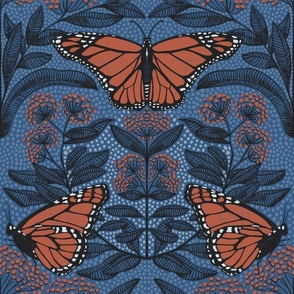 Monarch and Milkweed with Blue Background