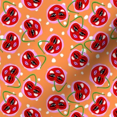 Retro Kitschy Cherries on an Orange Background